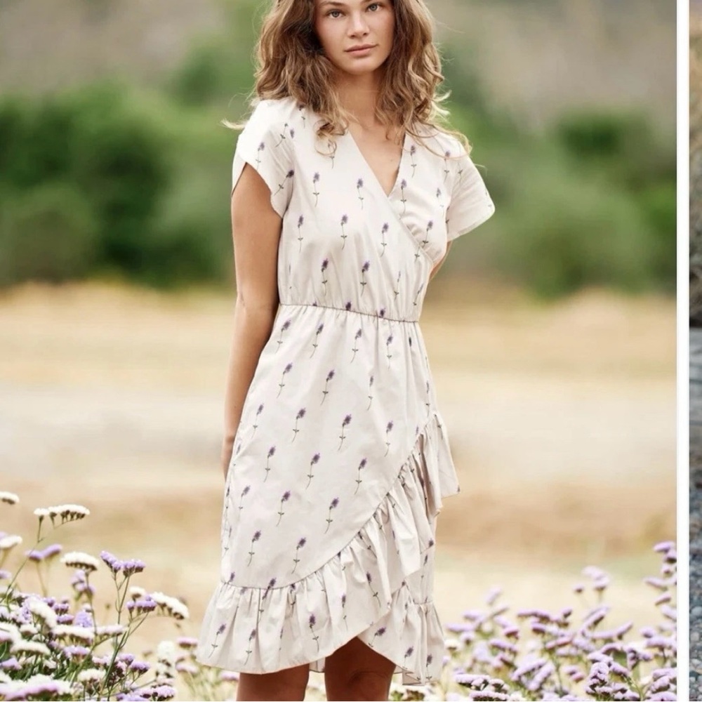 100% Cotton Faux Wrap Dress Size XL Floral Midi Ruffles Romantic Feminine Garden
